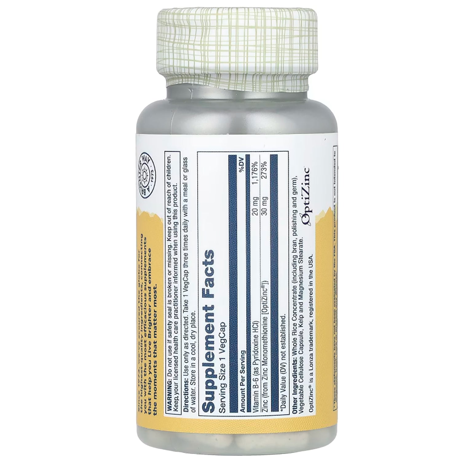 SLR205 | Solaray OPTIZINC 30 mg supplement facts