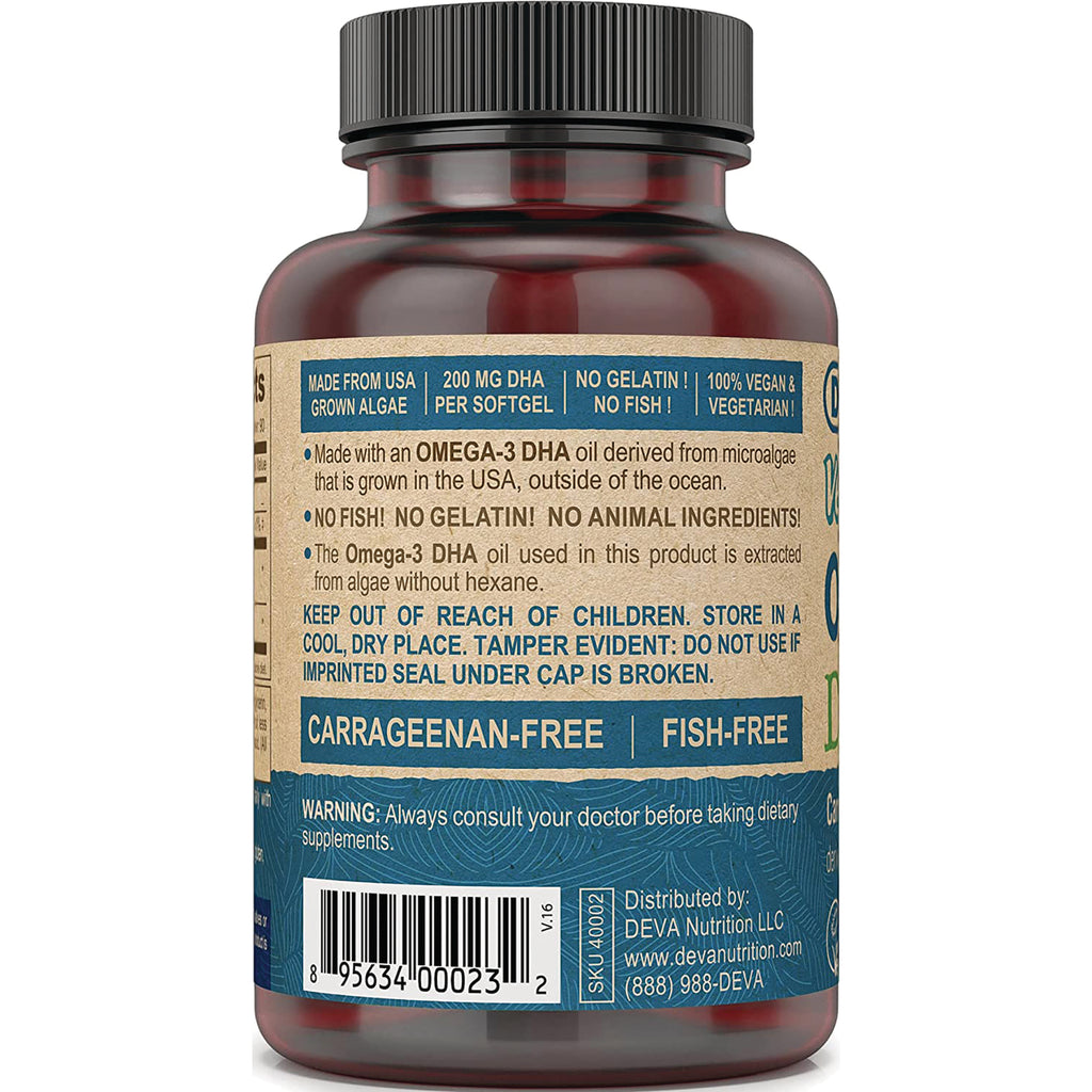 DEV004 | Back label of brown supplement bottle showing carrageenan-free and fish-free claims, usage warnings, and barcode - Thumbnail