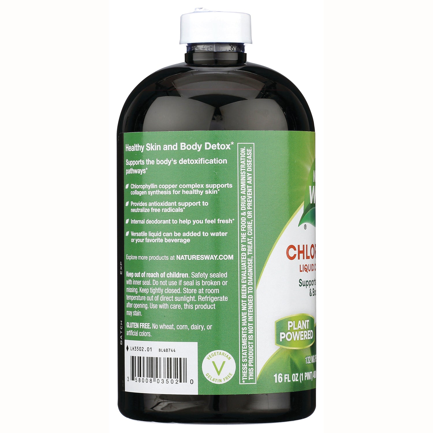 NW814 | Back of dark plastic bottle showing green product label with detox claims, usage text, barcode and vegetarian seal