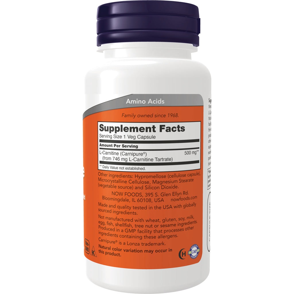 NWF035 | Back of white supplement bottle with orange Supplement Facts label showing L-Carnitine 500 mg and ingredient information - Thumbnail