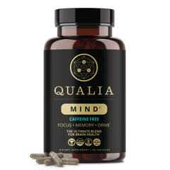 NEH012 | Brown supplement bottle labeled QUALIA MIND CAFFEINE FREE with loose capsules at base