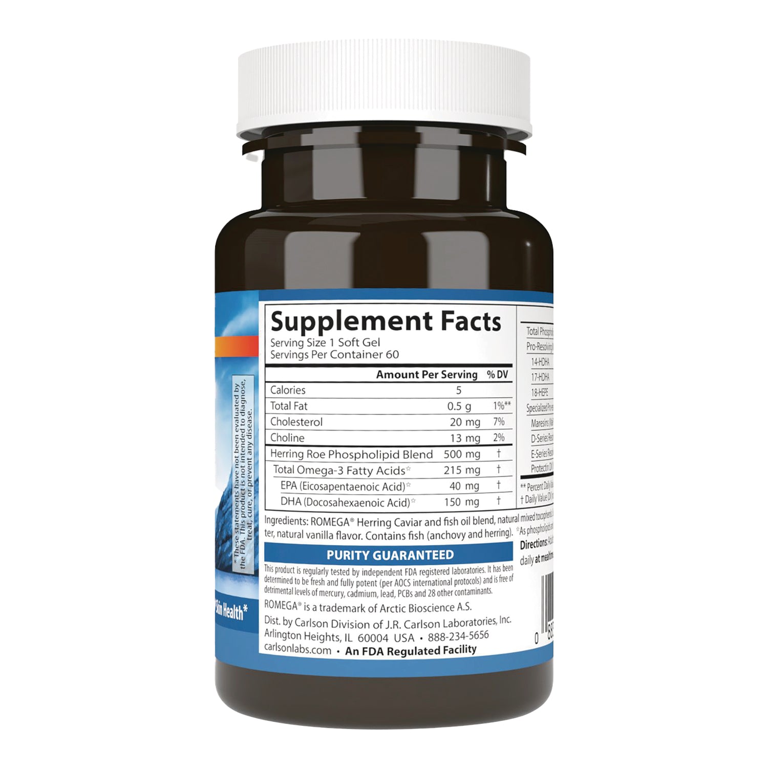 CSN327 | Back of brown supplement bottle showing Supplement Facts panel with serving size, omega-3 amounts, and purity guaranteed label