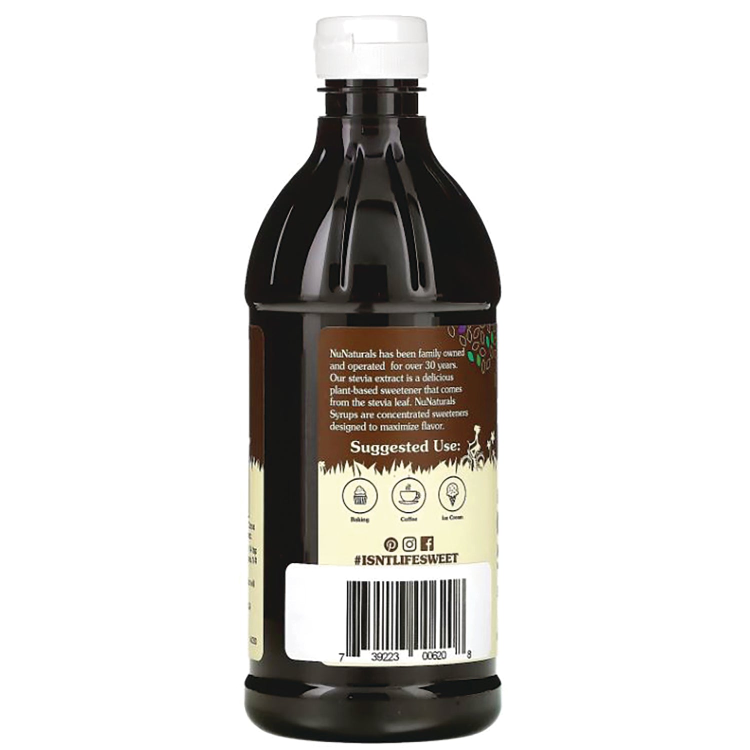 NN053 | Back of dark syrup bottle showing label with suggested use icons, product text and barcode