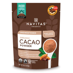 NAV001 | Navitas Organics unsweetened organic cacao powder pouch with spoonful of cacao powder, 16 oz