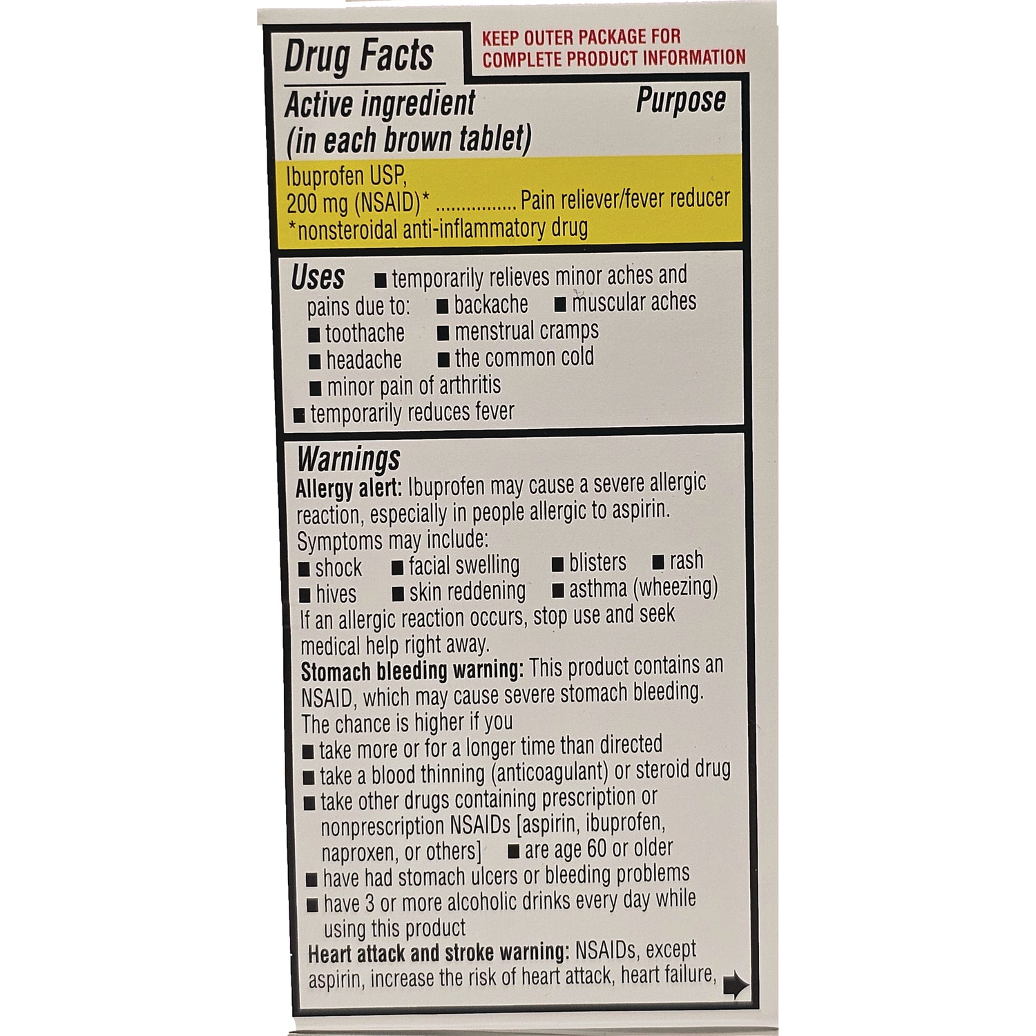 QCH022 | back label Drug Facts panel showing Ibuprofen USP 200 mg, uses, and warnings
