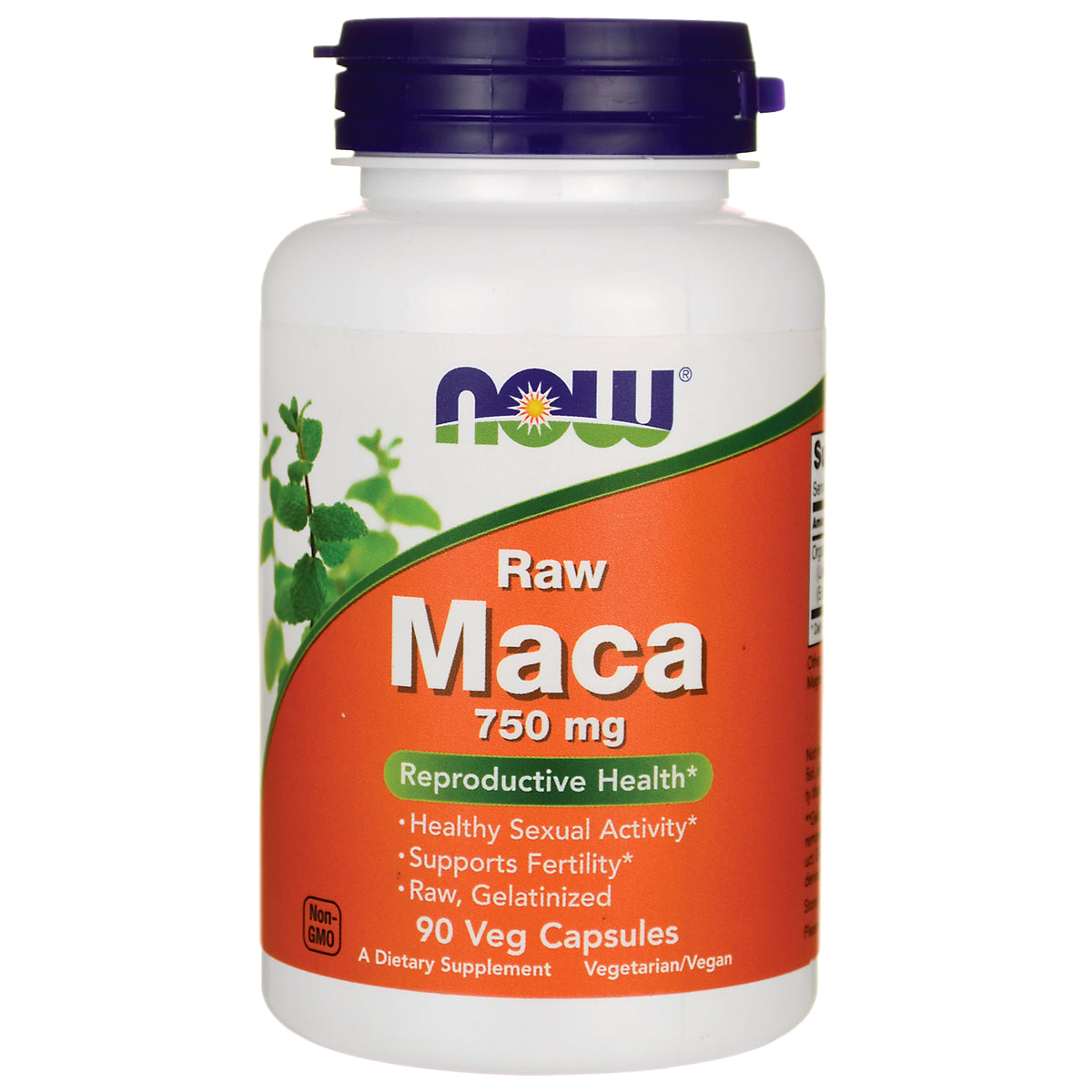 NWF568 | NOW Raw Maca 750 mg bottle, 90 veg capsules front label
