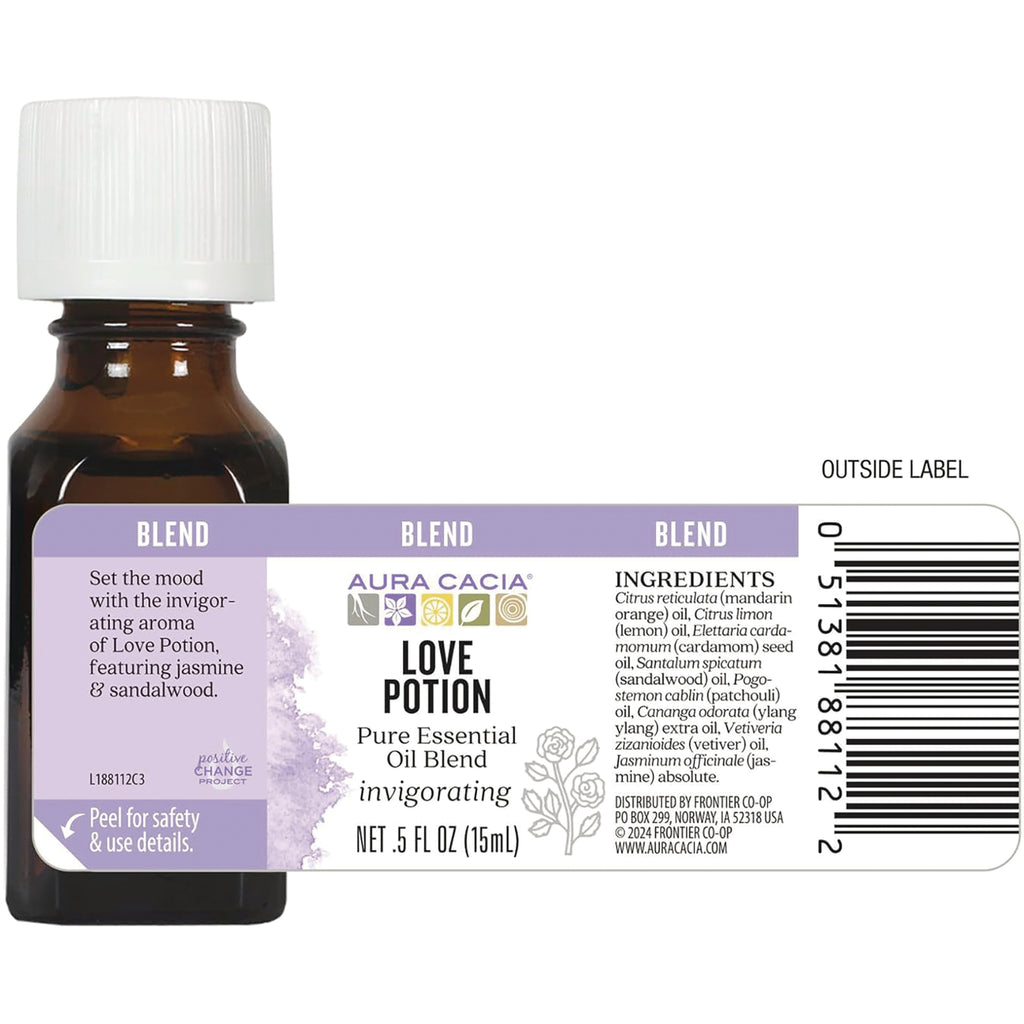 ARC045 | Aura Cacia Love Potion pure essential oil blend outside label with ingredients and barcode - Thumbnail