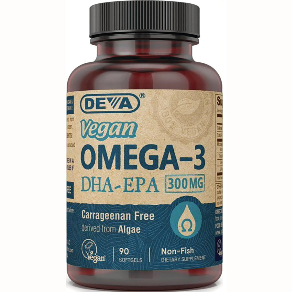 DEV040 | Brown supplement bottle labeled DEVA Vegan OMEGA-3 DHA-EPA 300MG, carrageenan free, 90 softgels - Thumbnail