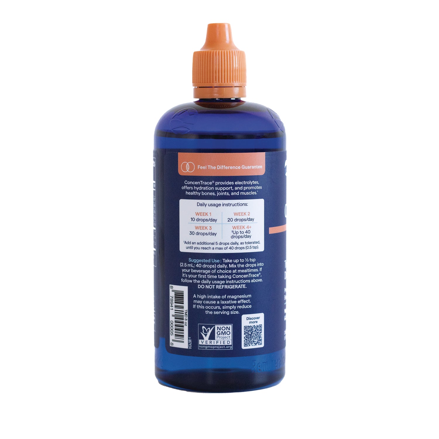 TM012 | Back label of blue mineral drops bottle with daily usage instructions and Non-GMO Project Verified seal