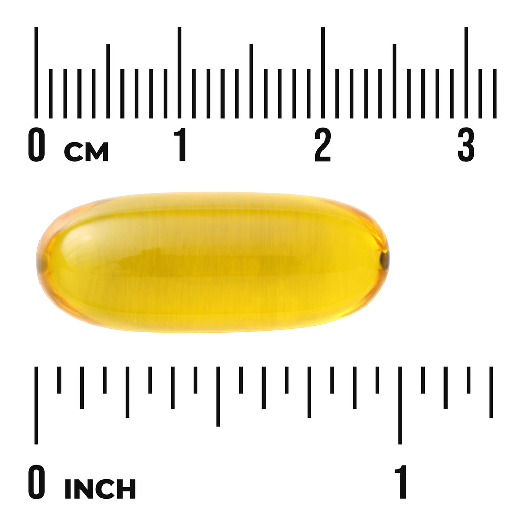 SWE002 | Yellow softgel capsule with size rulers in cm and inches, labels '0 CM' and '0 INCH' - Thumbnail
