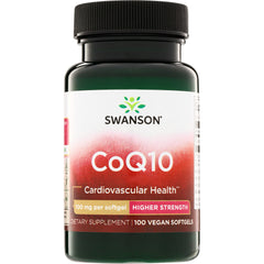 SWU561 | Swanson CoQ10 supplement bottle, Cardiovascular Health, 100 mg per softgel, Higher Strength, 100 vegan softgels