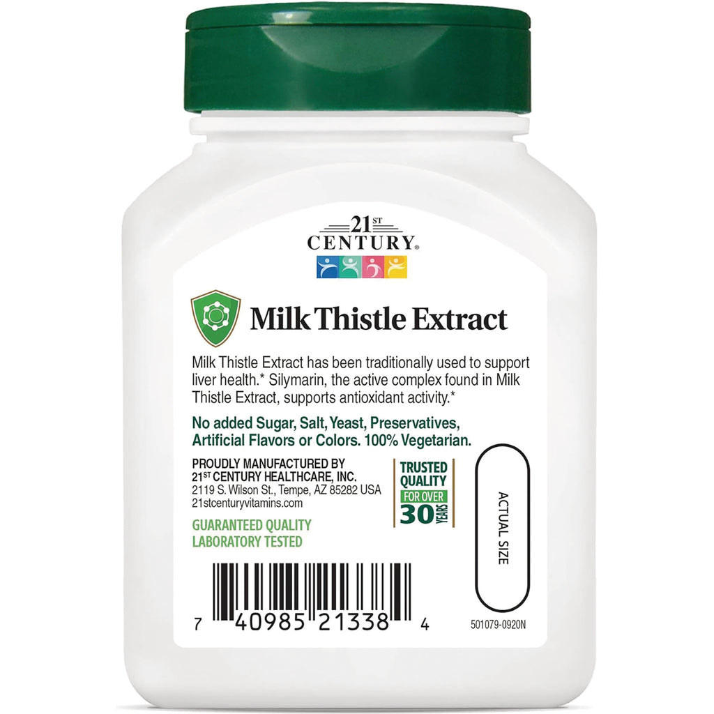 CNT106 | product infographic of 21st Century Milk Thistle Extract bottle label showing benefits text, badge, barcode and actual size capsule outline - Thumbnail