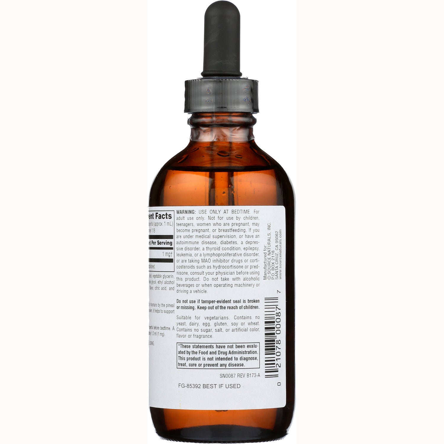 SN225 | Back label of amber dropper bottle showing Supplement Facts, warnings, and barcode