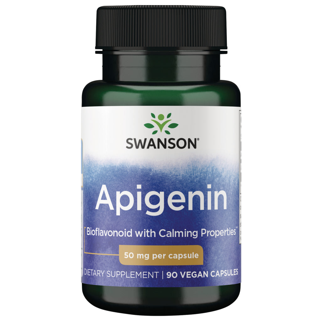 SWU375 | Swanson Apigenin supplement bottle, 50 mg per capsule, 90 capsules, green capsules visible - Thumbnail