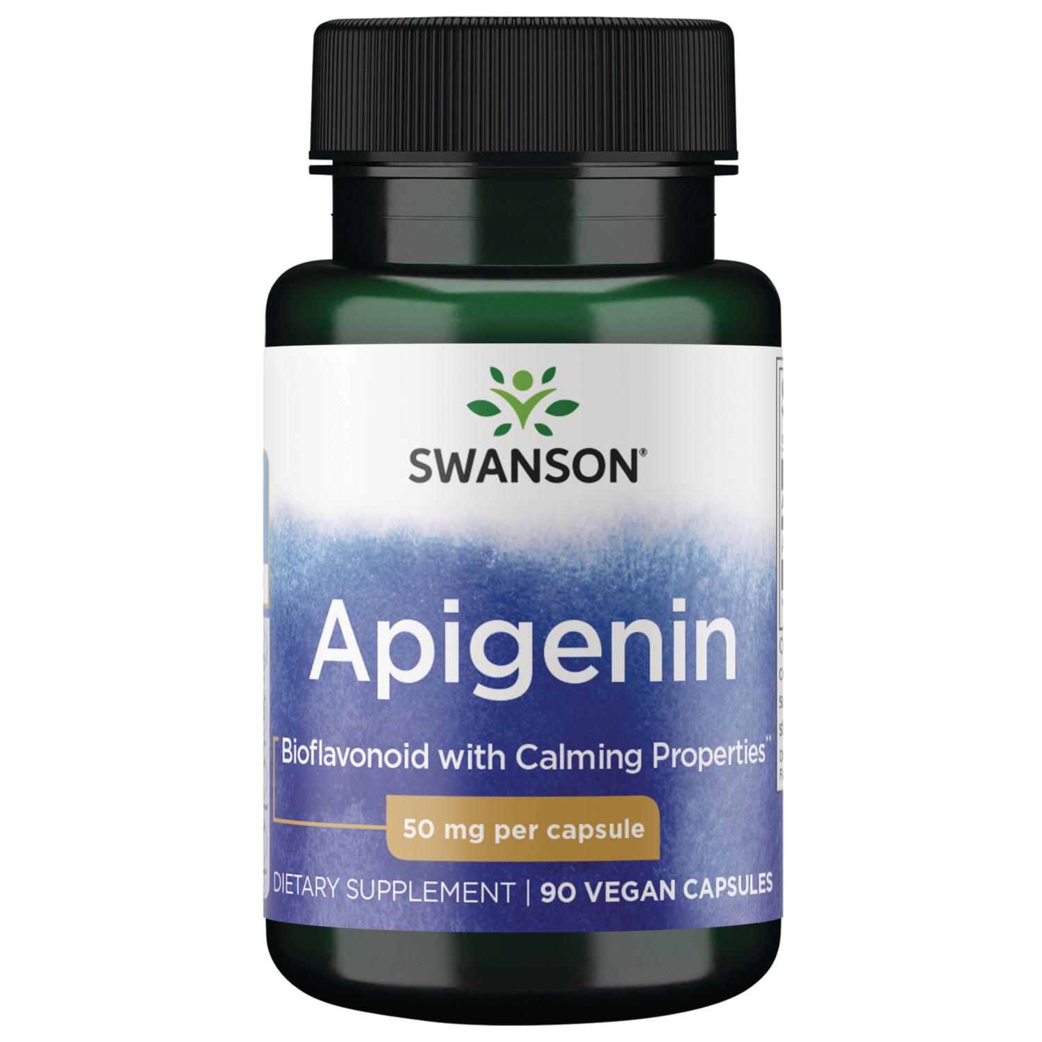 SWU375 | Swanson Apigenin supplement bottle, 50 mg per capsule, 90 capsules, green capsules visible