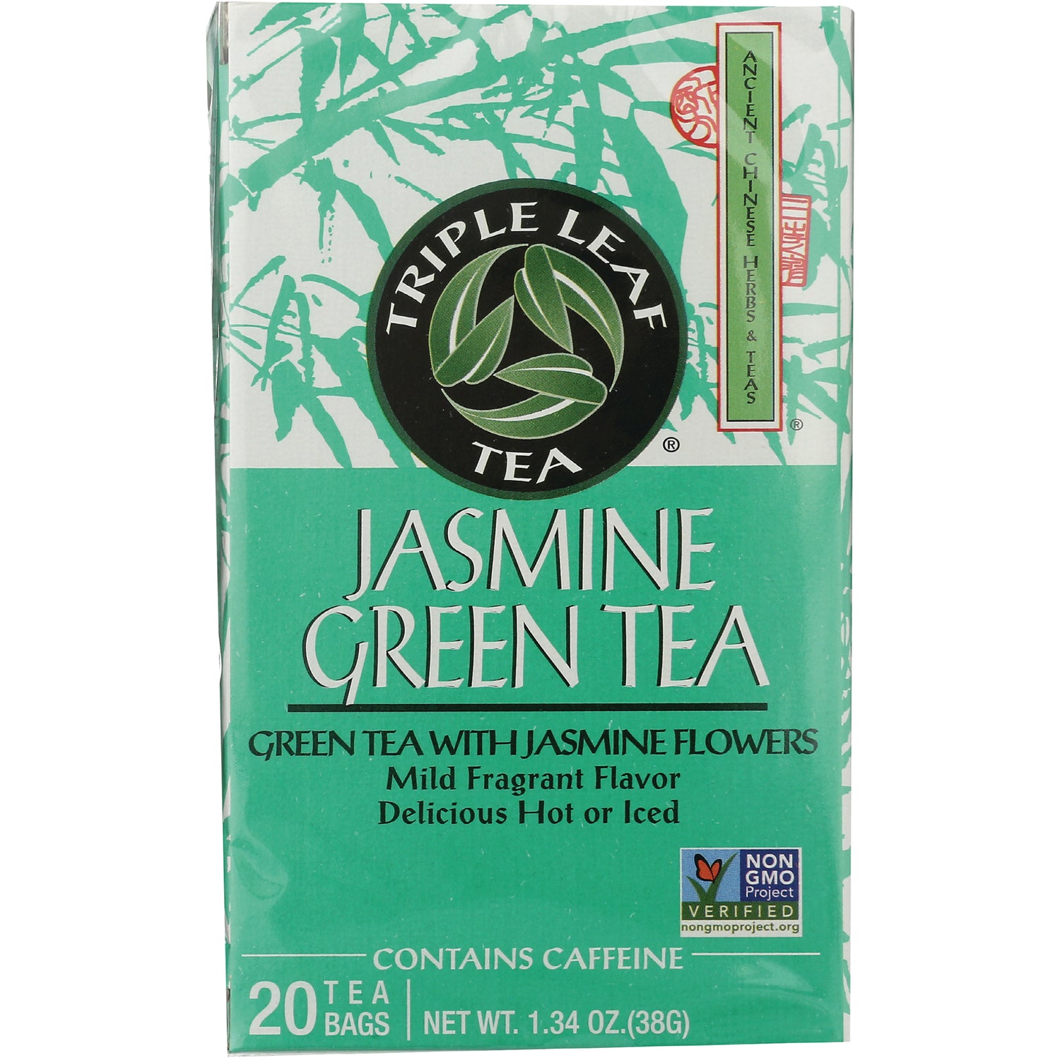 TLT005 | Triple Leaf Tea Jasmine Green Tea box, 20 tea bags, contains caffeine, Non-GMO Project Verified