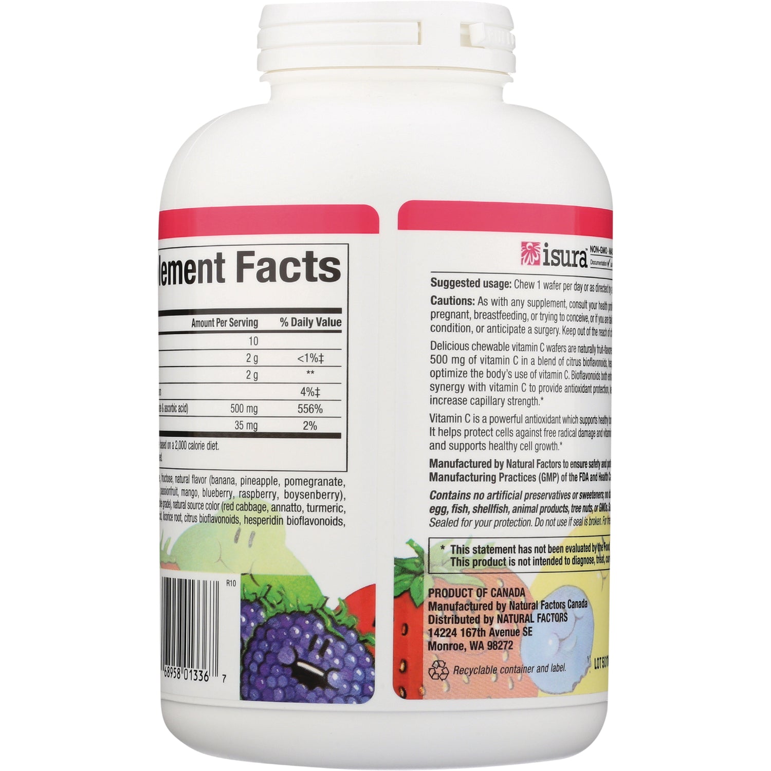 NFC092 | Back of white supplement bottle showing supplement facts panel, cautions, barcode and fruit illustrations