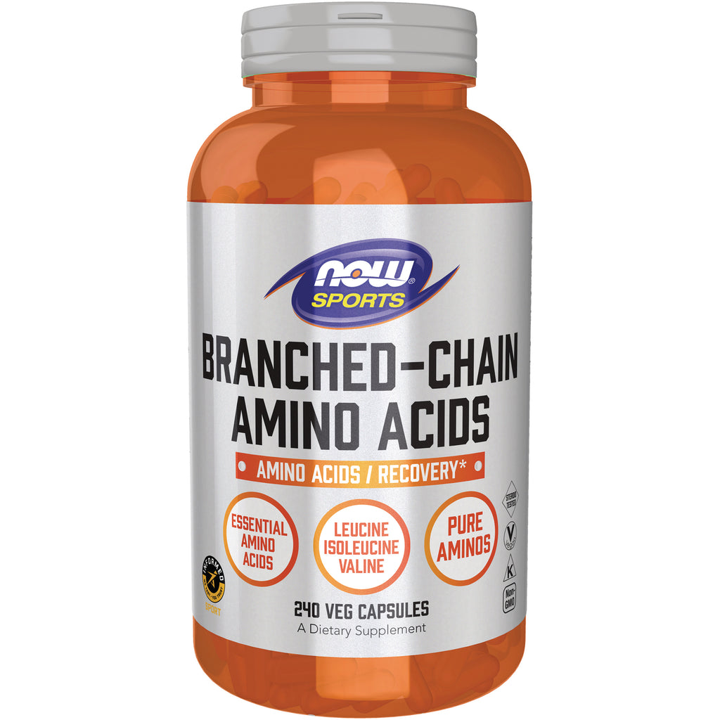 NWF1038 | NOW Sports branched-chain amino acids bottle, 240 veg capsules, orange plastic bottle with silver label - Thumbnail