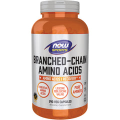 NWF1038 | NOW Sports branched-chain amino acids bottle, 240 veg capsules, orange plastic bottle with silver label