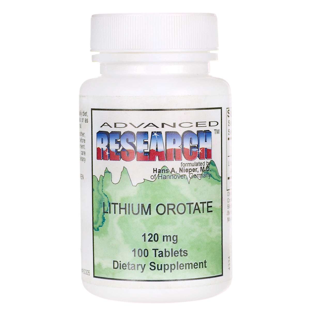 ADR016 | Advanced Research Lithium Orotate supplement bottle label, 120 mg, 100 tablets