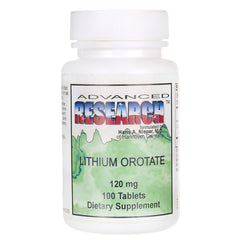 ADR016 | Advanced Research Lithium Orotate supplement bottle label, 120 mg, 100 tablets