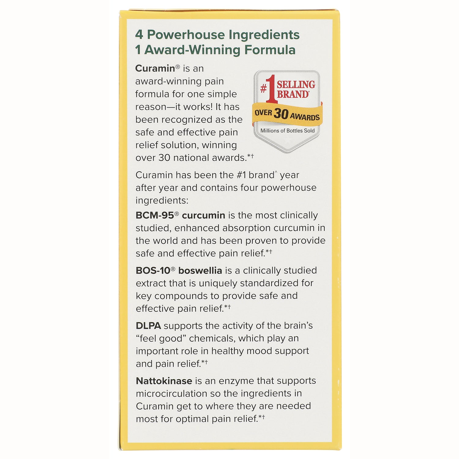 EUR002 | back panel listing Curamin ingredients and descriptions including BCM-95 curcumin, BOS-10 boswellia, DLPA, nattokinase