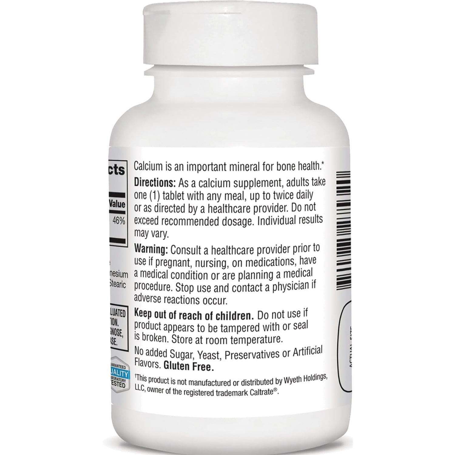 CNT264 | back label of white supplement bottle showing directions, warnings, barcode and Gluten Free text