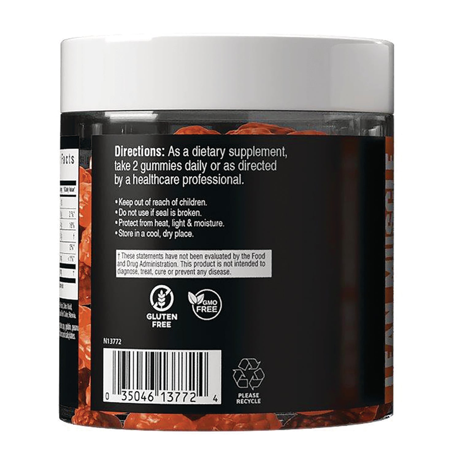 CYB002 | Back label of gummy supplement jar with directions text, gluten free and GMO free icons, barcode and recycle symbol