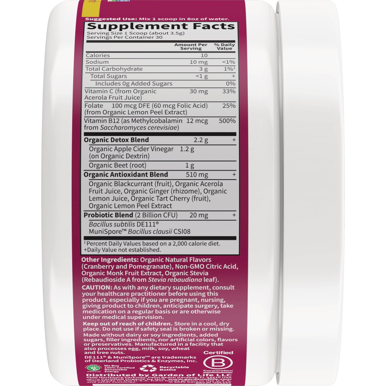 GLF353 | supplement facts and ingredient panel on back of white jar with maroon label