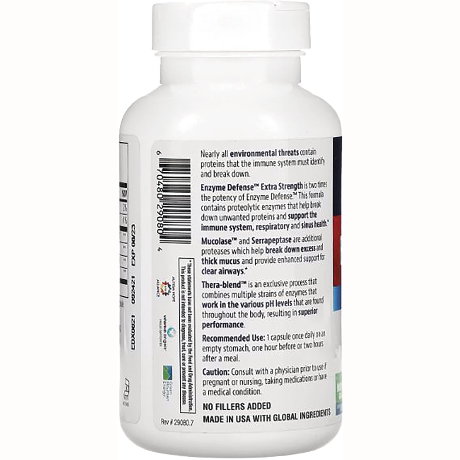 EMD038 | Back label of white supplement bottle showing barcode, usage directions, cautions and text NO FILLERS ADDED