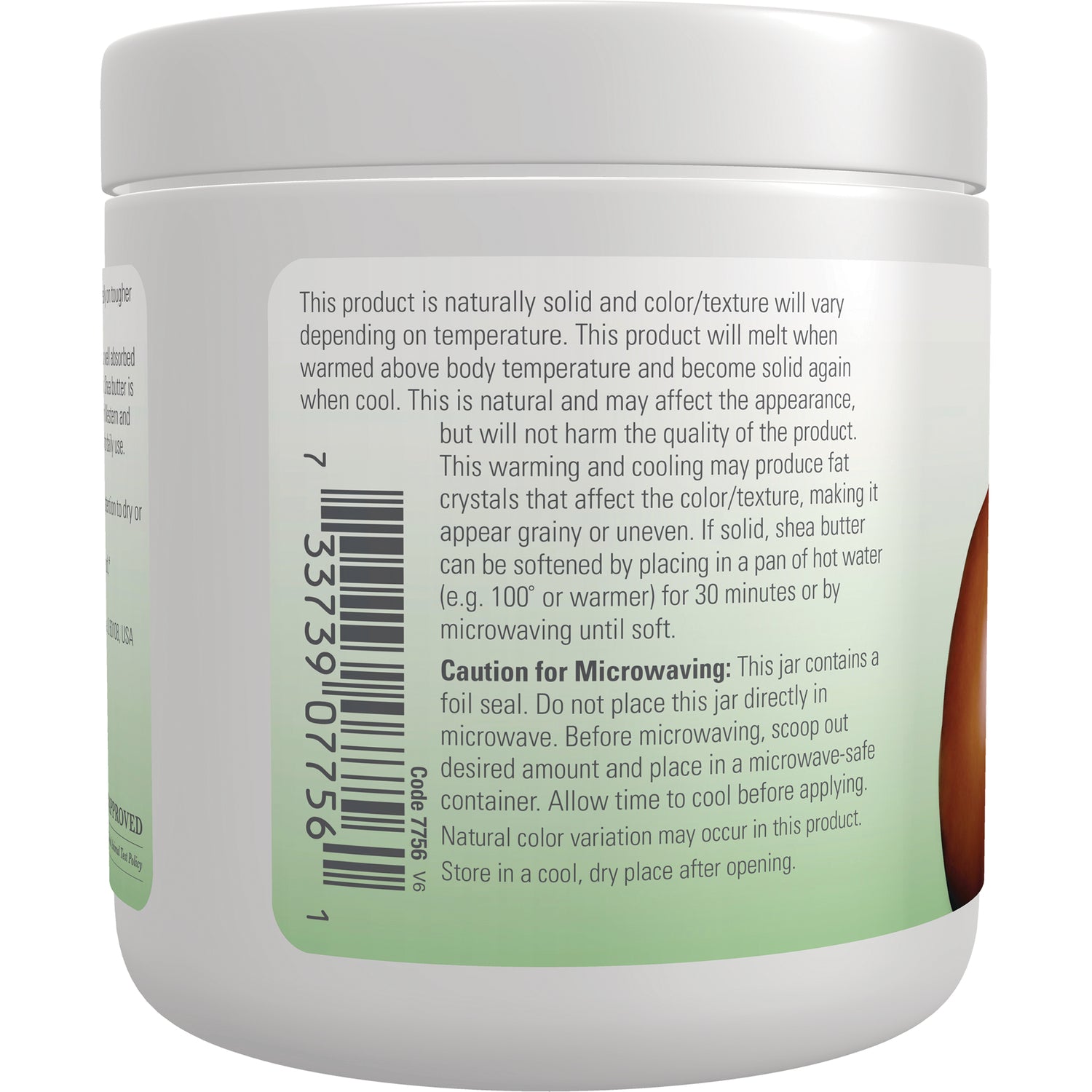 NWF1193 | Back of white jar showing product instructions, barcode, and microwaving caution label