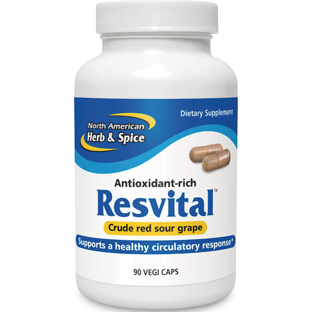 NHS024 | White bottle of Resvital antioxidant-rich supplement labeled crude red sour grape, 90 vegi caps - Thumbnail
