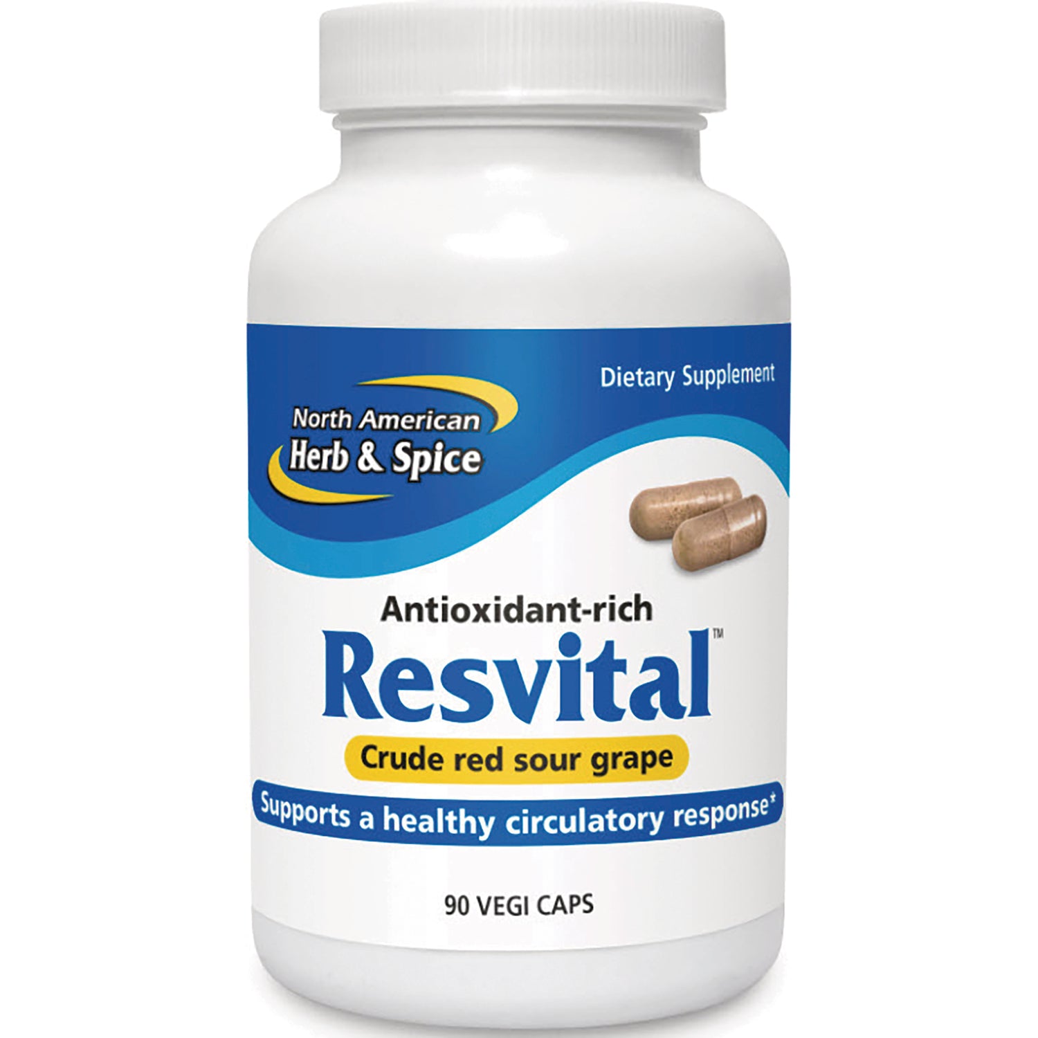 NHS024 | White bottle of Resvital antioxidant-rich supplement labeled crude red sour grape, 90 vegi caps