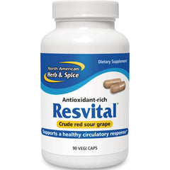 NHS024 | White bottle of Resvital antioxidant-rich supplement labeled crude red sour grape, 90 vegi caps