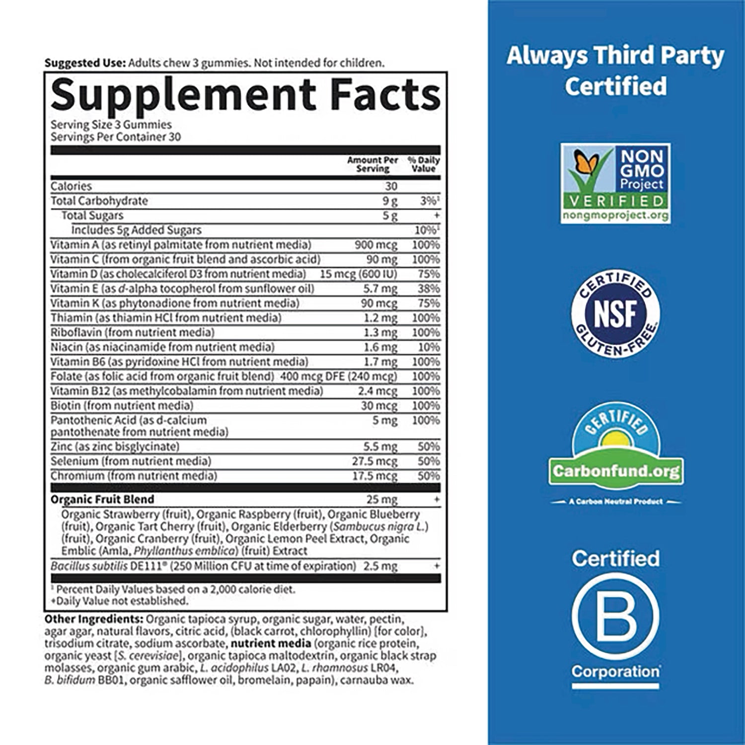 GLF396 | supplement facts panel showing serving info, ingredient list and certification logos Non-GMO, NSF, Carbonfund, B Corporation
