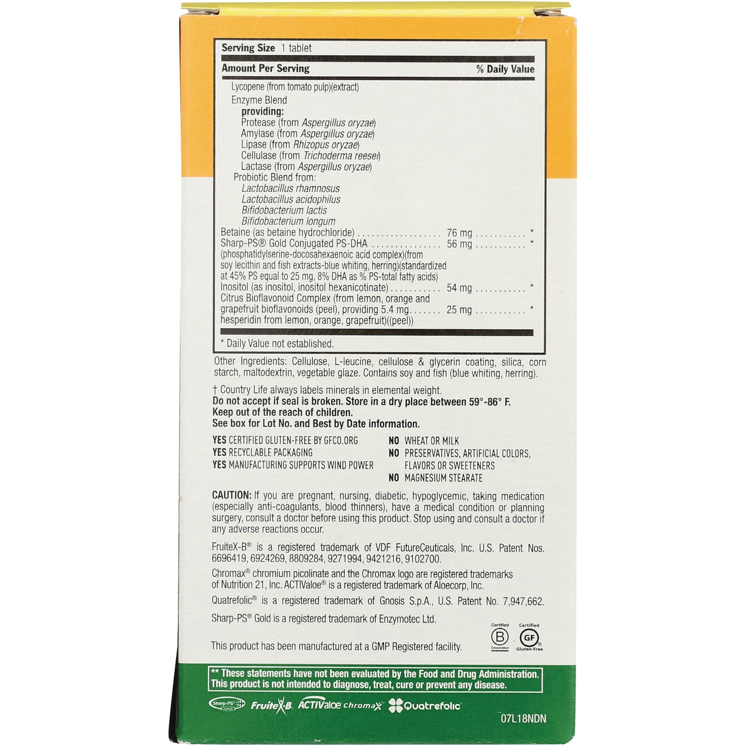 CRL529 | back panel showing supplement facts, ingredient list, cautions, and certifications