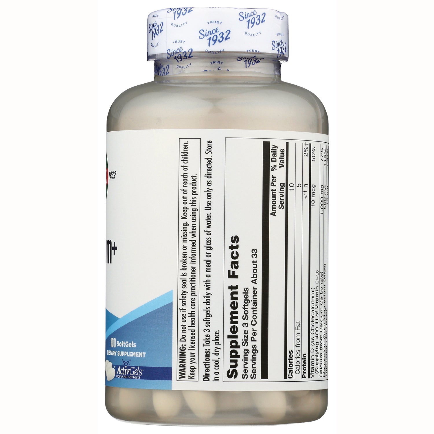 KL518 | Back of clear supplement bottle showing Supplement Facts label, nutrition panel and visible softgel capsules