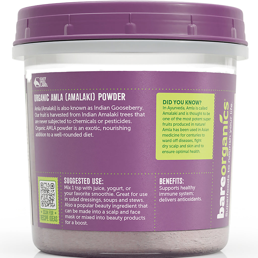 Organic Amla (Amalaki) Powder label showing suggested use, benefits and product information on purple tub - Thumbnail