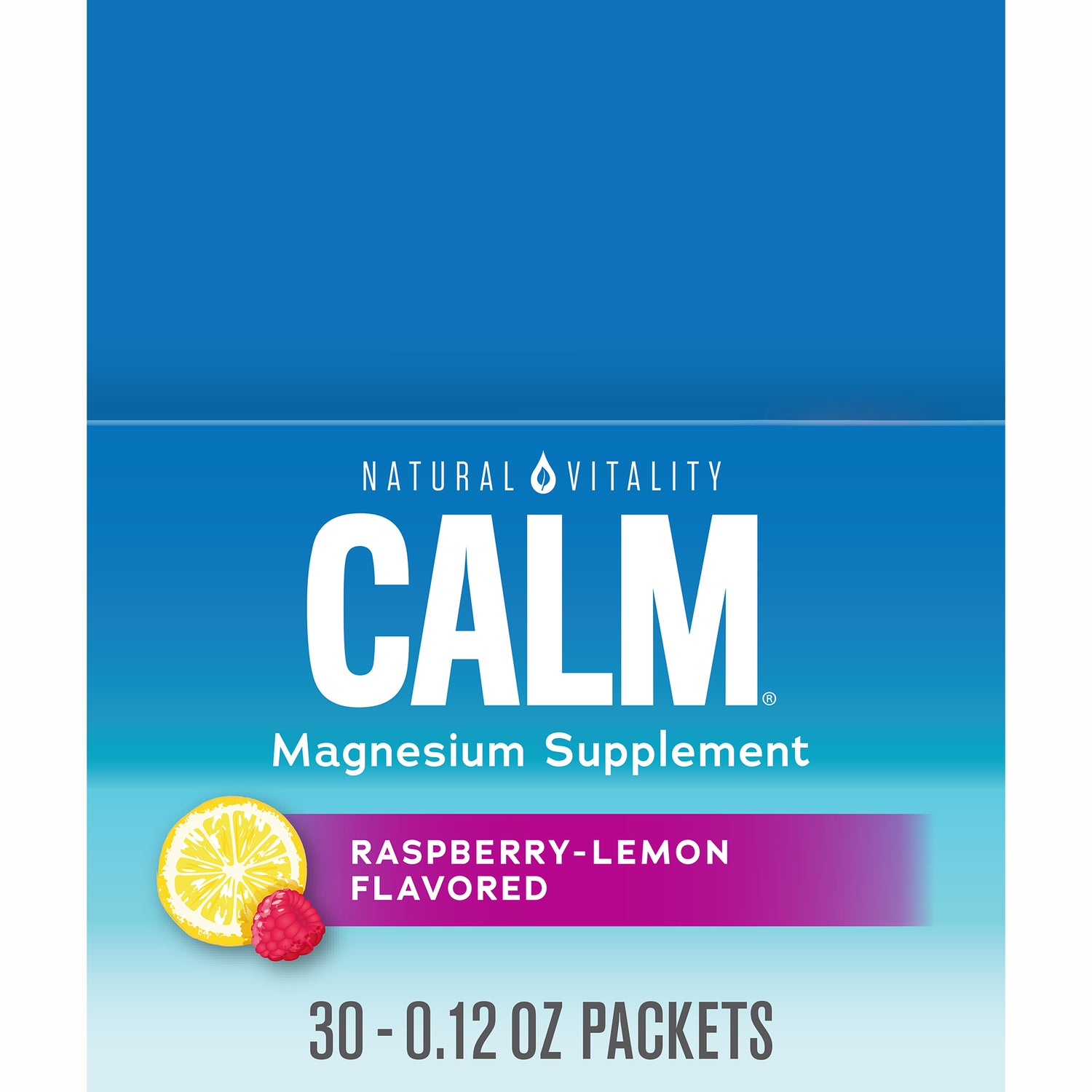 NVT070 | CALM magnesium supplement front packaging labeled Raspberry-Lemon flavored, 30 0.12 oz packets