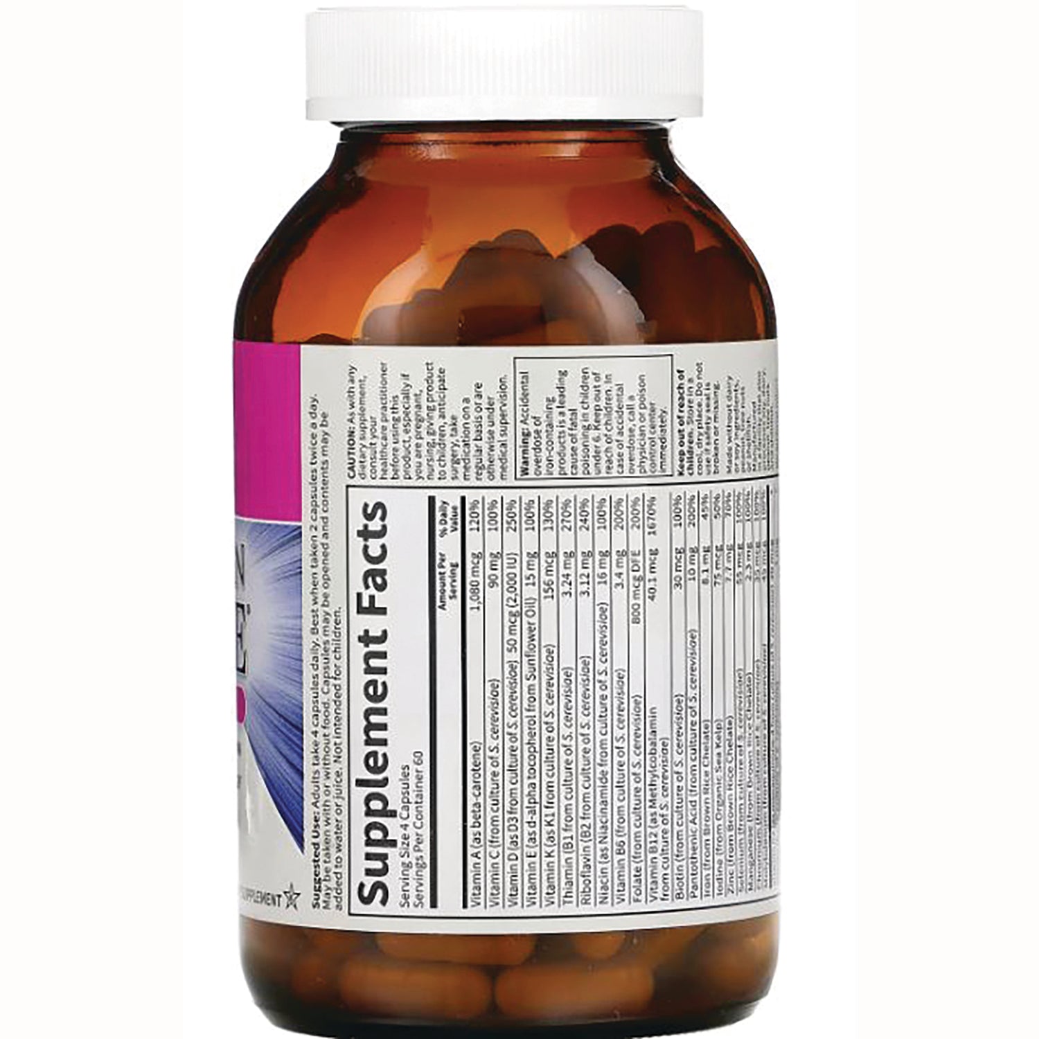GLF105 | amber supplement bottle back showing Supplement Facts label, white cap and capsules visible