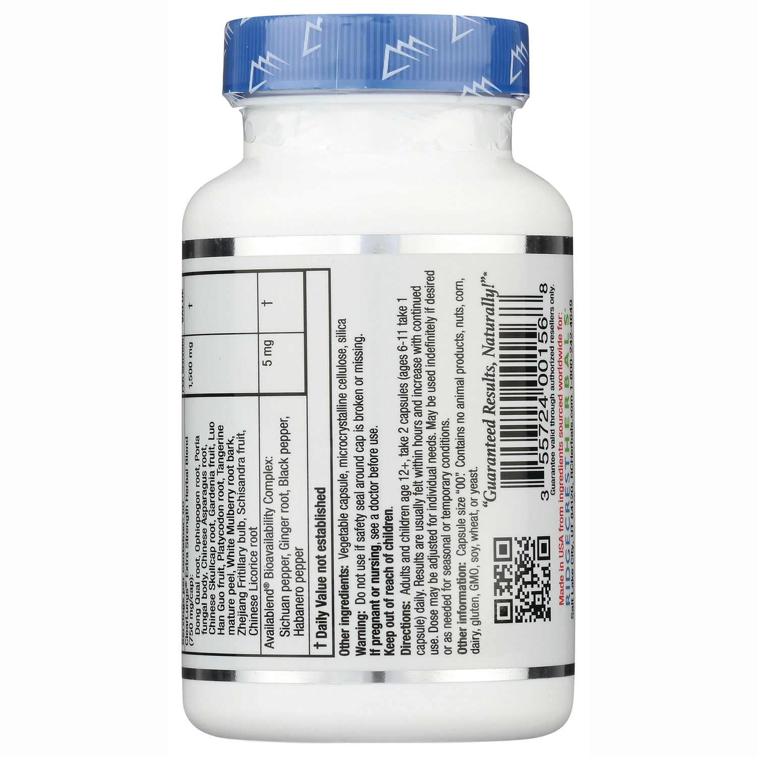PH077 | Back of white supplement bottle showing ingredients panel, nutrition facts, barcode and QR code, blue cap