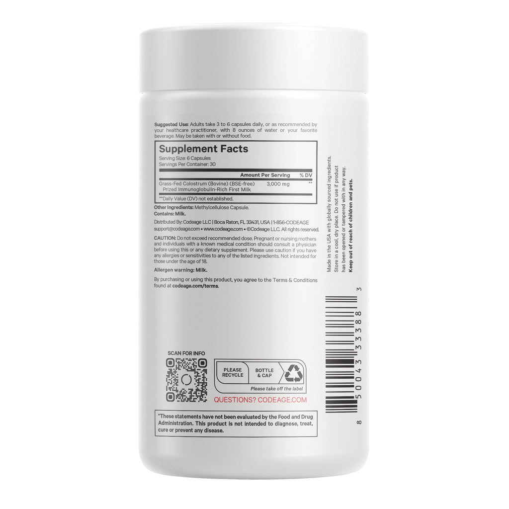 CDG018 | Back label of white supplement bottle showing Supplement Facts panel, barcode, and QR code - Thumbnail