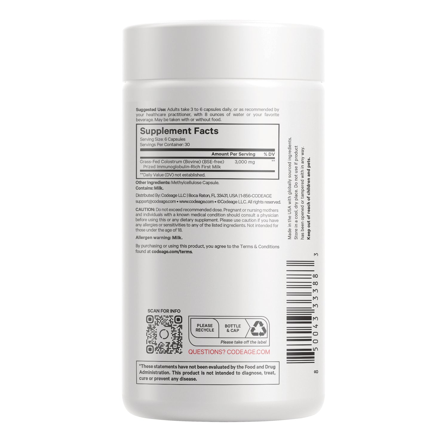 CDG018 | Back label of white supplement bottle showing Supplement Facts panel, barcode, and QR code