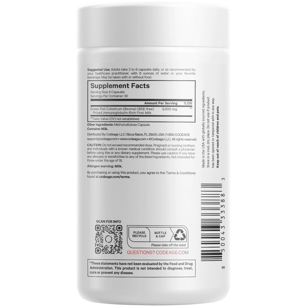 CDG018 | Back label of white supplement bottle showing Supplement Facts panel, barcode, and QR code - Thumbnail