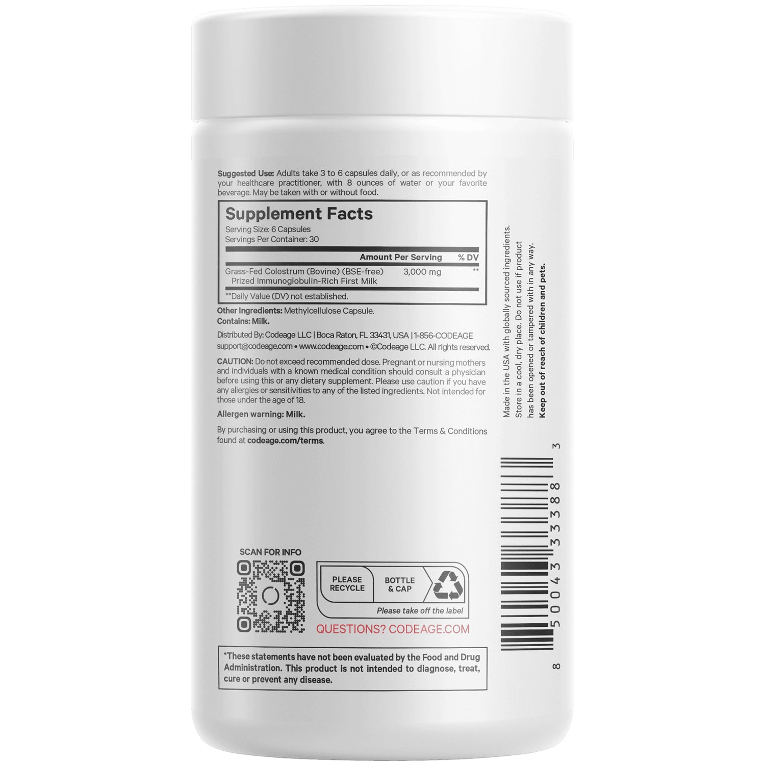 CDG018 | Back label of white supplement bottle showing Supplement Facts panel, barcode, and QR code