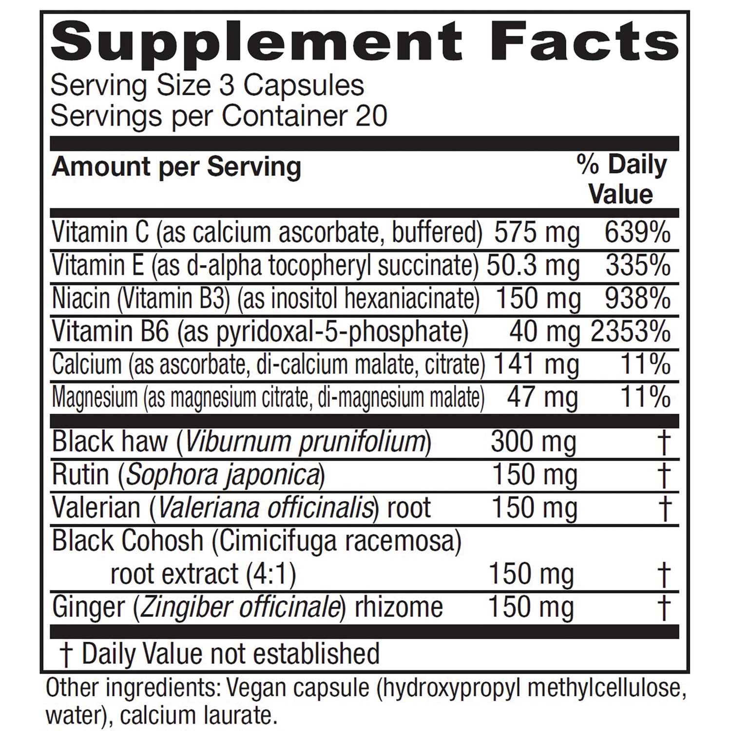 VNA017 | Supplement Facts: serving size 3 capsules, 20 servings, vitamin C 575 mg, E 50.3 mg, B3 150 mg, B6 40 mg