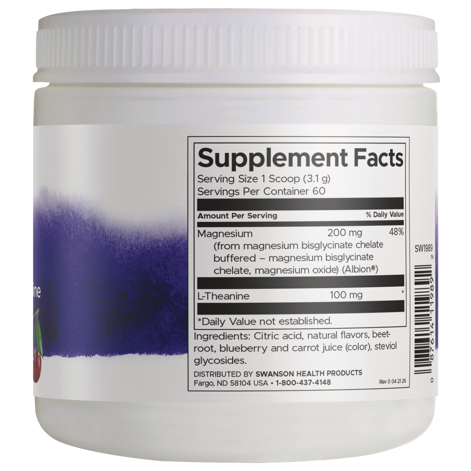 SW1989 | Back label showing Supplement Facts panel with serving size 1 scoop, Magnesium 200 mg, L-Theanine 100 mg
