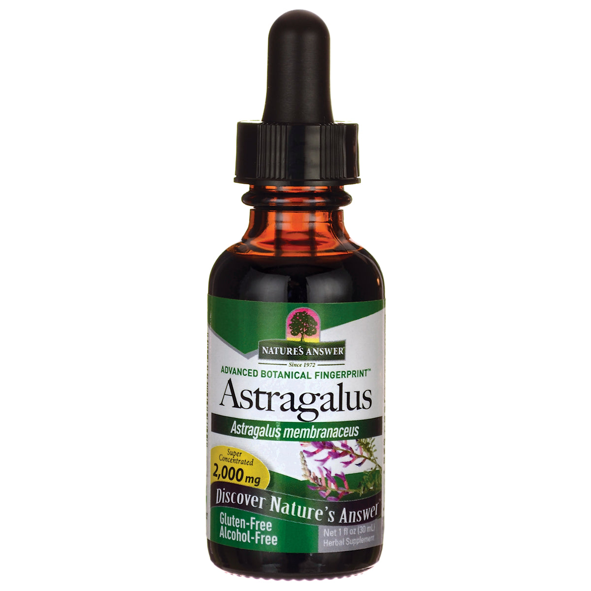 NAT003 | Amber dropper bottle of Astragalus herbal supplement labeled 2,000 mg, gluten-free alcohol-free