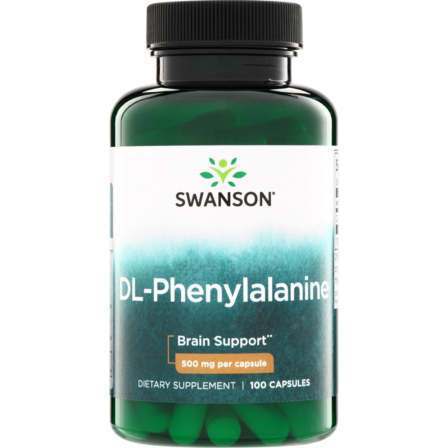 SW873 | Swanson DL-Phenylalanine, Brain Support, 500 mg per capsule, 100 capsules bottle front