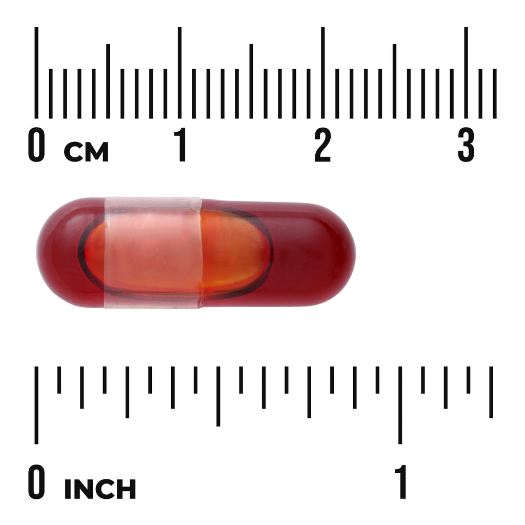 SWU680 | Red transparent softgel capsule centered between centimeter and inch rulers showing size, visible text 0 cm and 0 in - Thumbnail